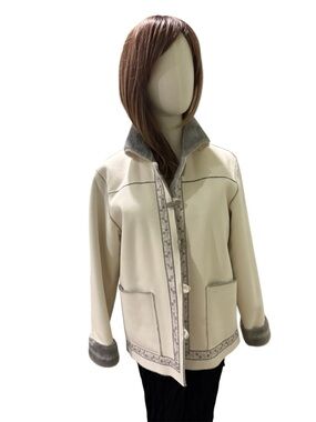 Alfred Dunner Cream Pea Coat with Gray Trim and Embroidered Tape